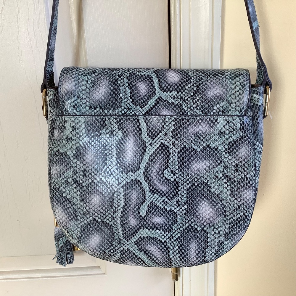 G.I.L.I Leather Printed Saddle Crossbody Bag Teal Cobra - Picture 3 of 16